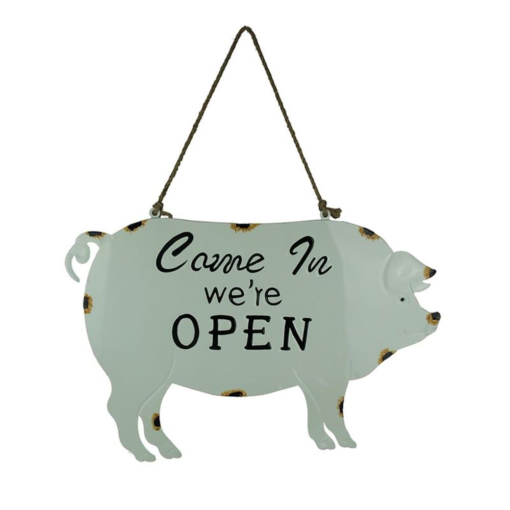 Weathered White Enamelware Farmhouse Pig Open Sign